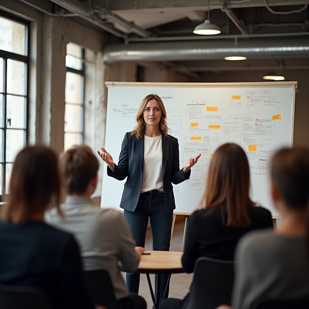 Facylitator prezentujący metodę design thinking grupie liderów