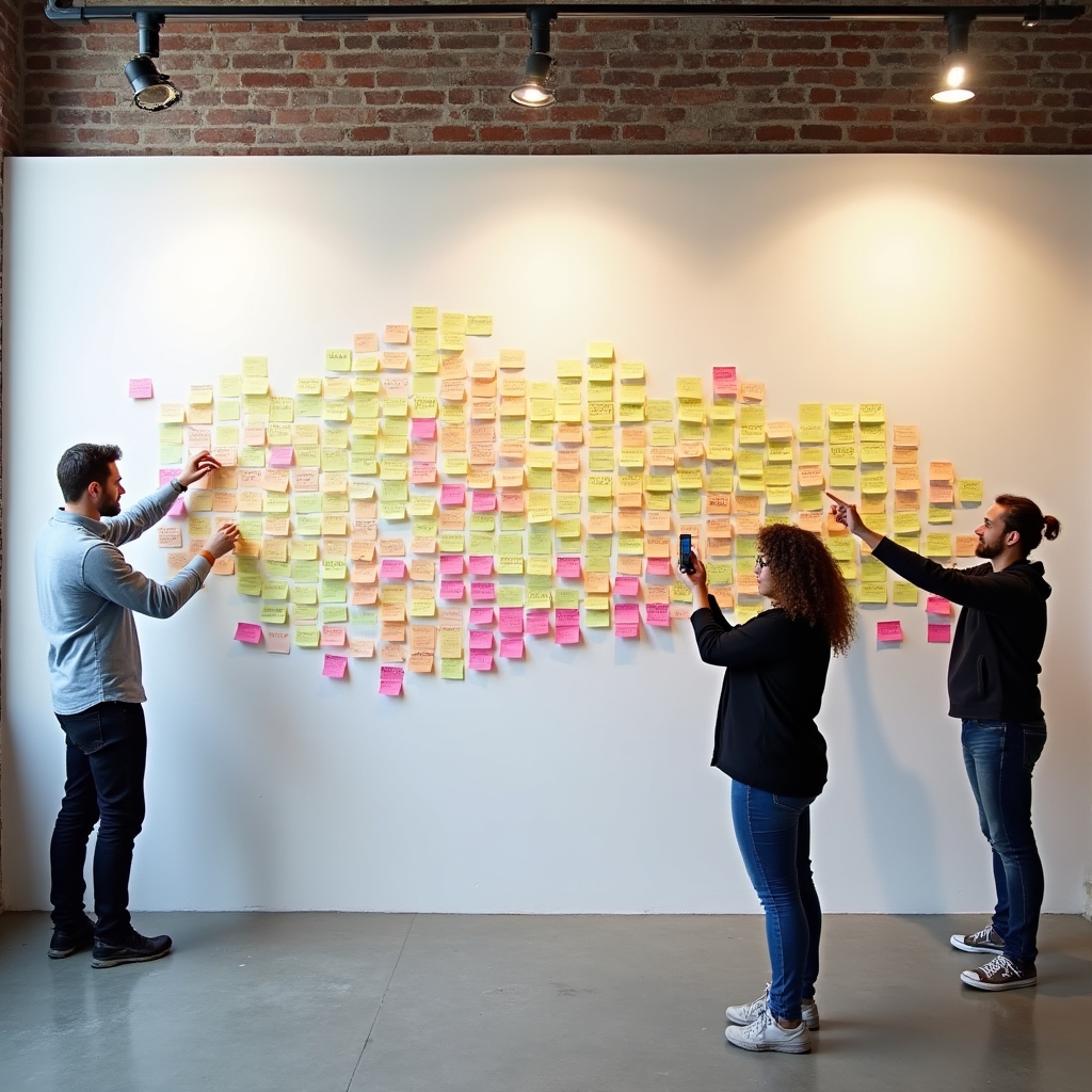 Zespół porządkujący pomysły na ścianie pokrytej karteczkami sticky notes